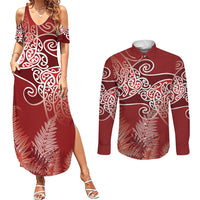 Aotearoa Maori Koru Curves Couples Matching Summer Maxi Dress and Long Sleeve Button Shirt Silver Ferns - Crimson Red LT7 Red - Polynesian Pride
