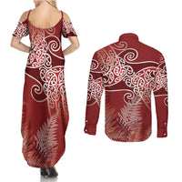 Aotearoa Maori Koru Curves Couples Matching Summer Maxi Dress and Long Sleeve Button Shirt Silver Ferns - Crimson Red LT7 - Polynesian Pride