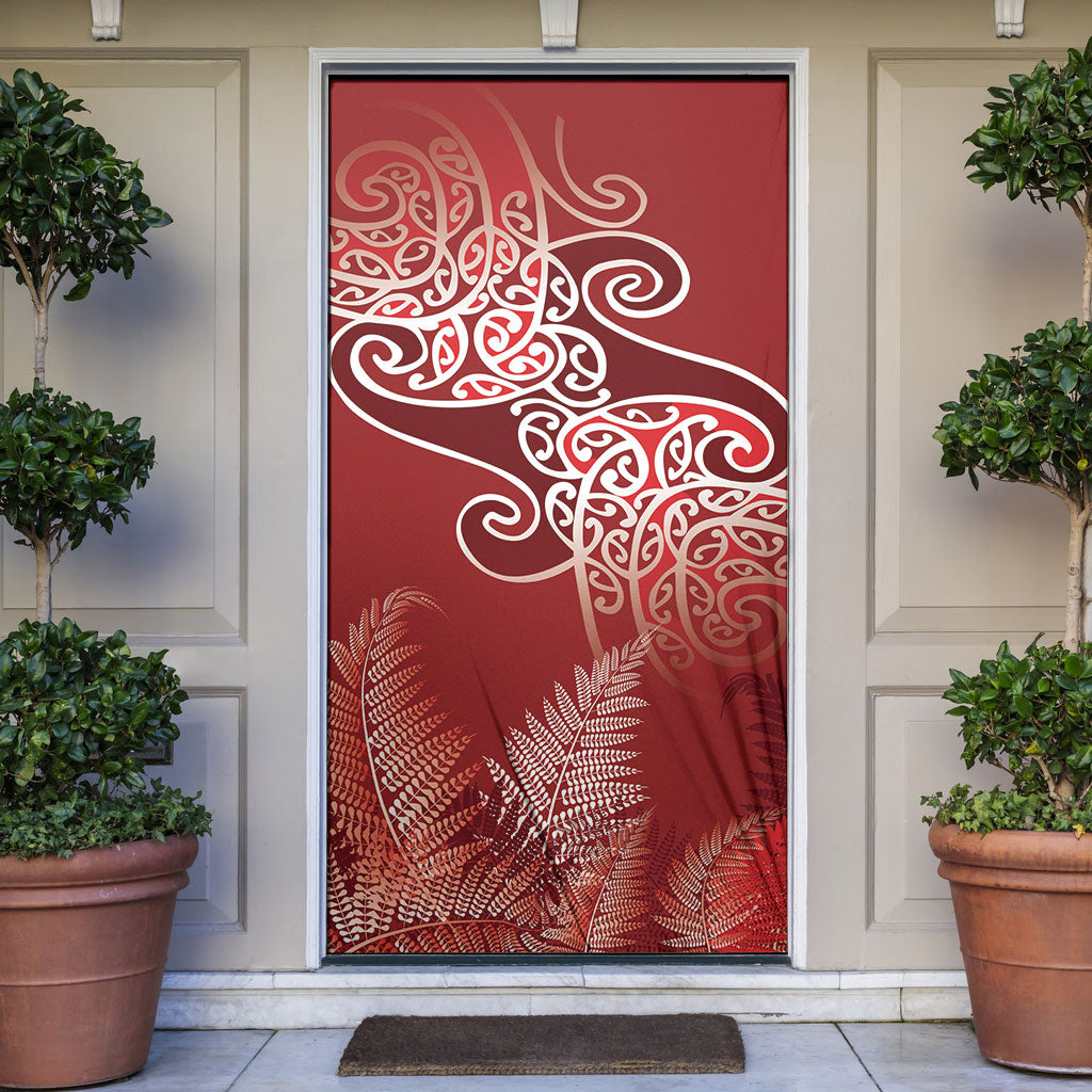 Aotearoa Maori Koru Curves Door Cover Silver Ferns - Crimson Red