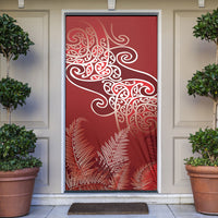 Aotearoa Maori Koru Curves Door Cover Silver Ferns - Crimson Red