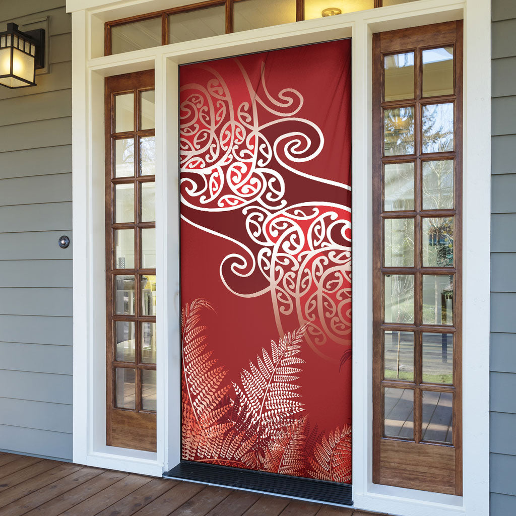 Aotearoa Maori Koru Curves Door Cover Silver Ferns - Crimson Red