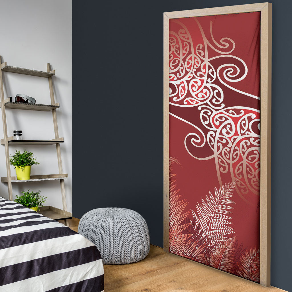 Aotearoa Maori Koru Curves Door Cover Silver Ferns - Crimson Red