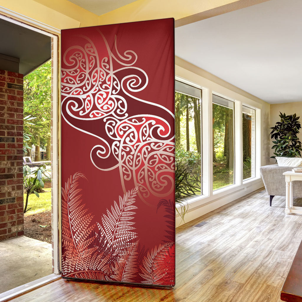 Aotearoa Maori Koru Curves Door Cover Silver Ferns - Crimson Red
