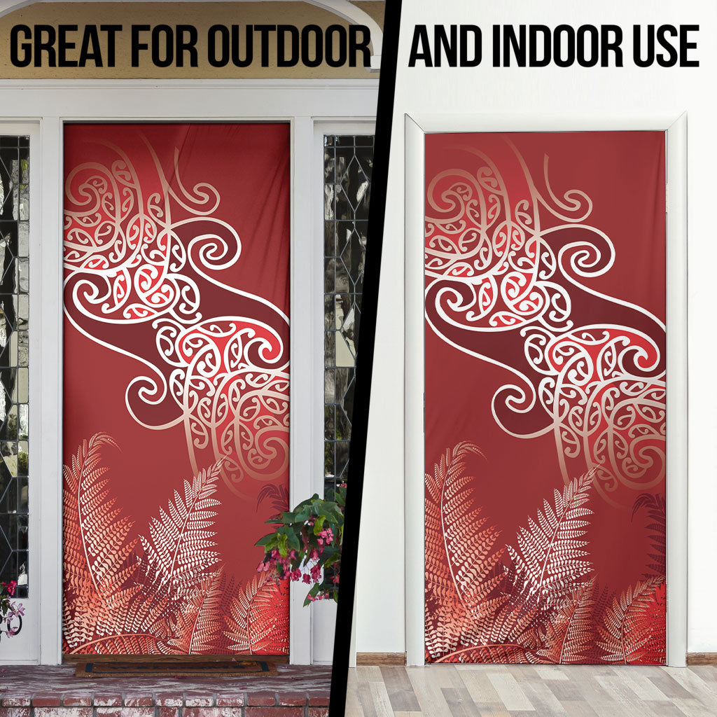 Aotearoa Maori Koru Curves Door Cover Silver Ferns - Crimson Red
