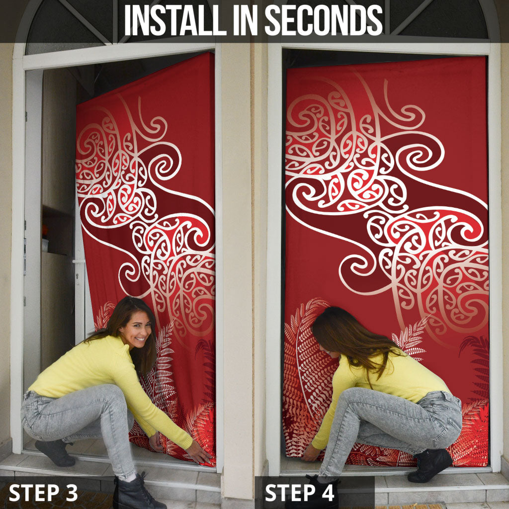 Aotearoa Maori Koru Curves Door Cover Silver Ferns - Crimson Red
