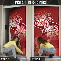 Aotearoa Maori Koru Curves Door Cover Silver Ferns - Crimson Red
