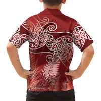 Aotearoa Maori Koru Curves Family Matching Long Sleeve Bodycon Dress and Hawaiian Shirt Silver Ferns - Crimson Red