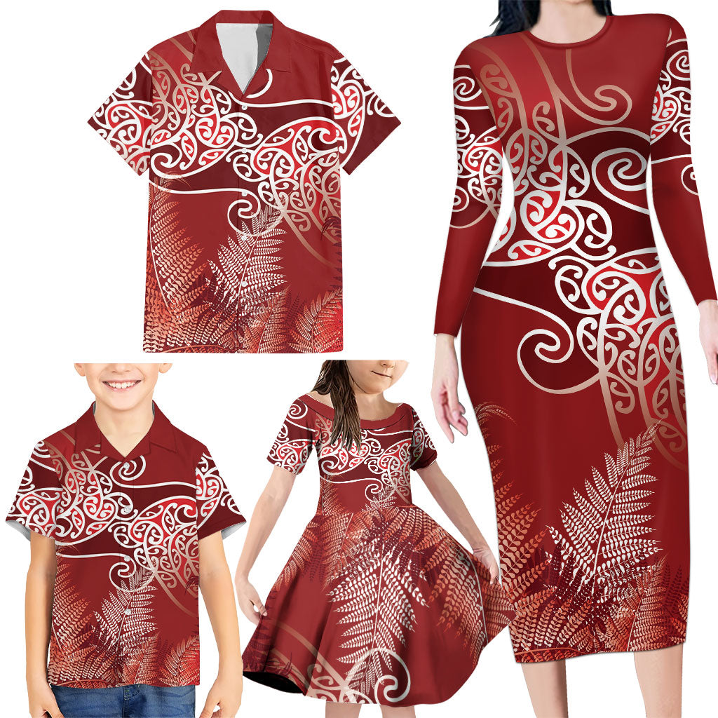 Aotearoa Maori Koru Curves Family Matching Long Sleeve Bodycon Dress and Hawaiian Shirt Silver Ferns - Crimson Red LT7 - Polynesian Pride
