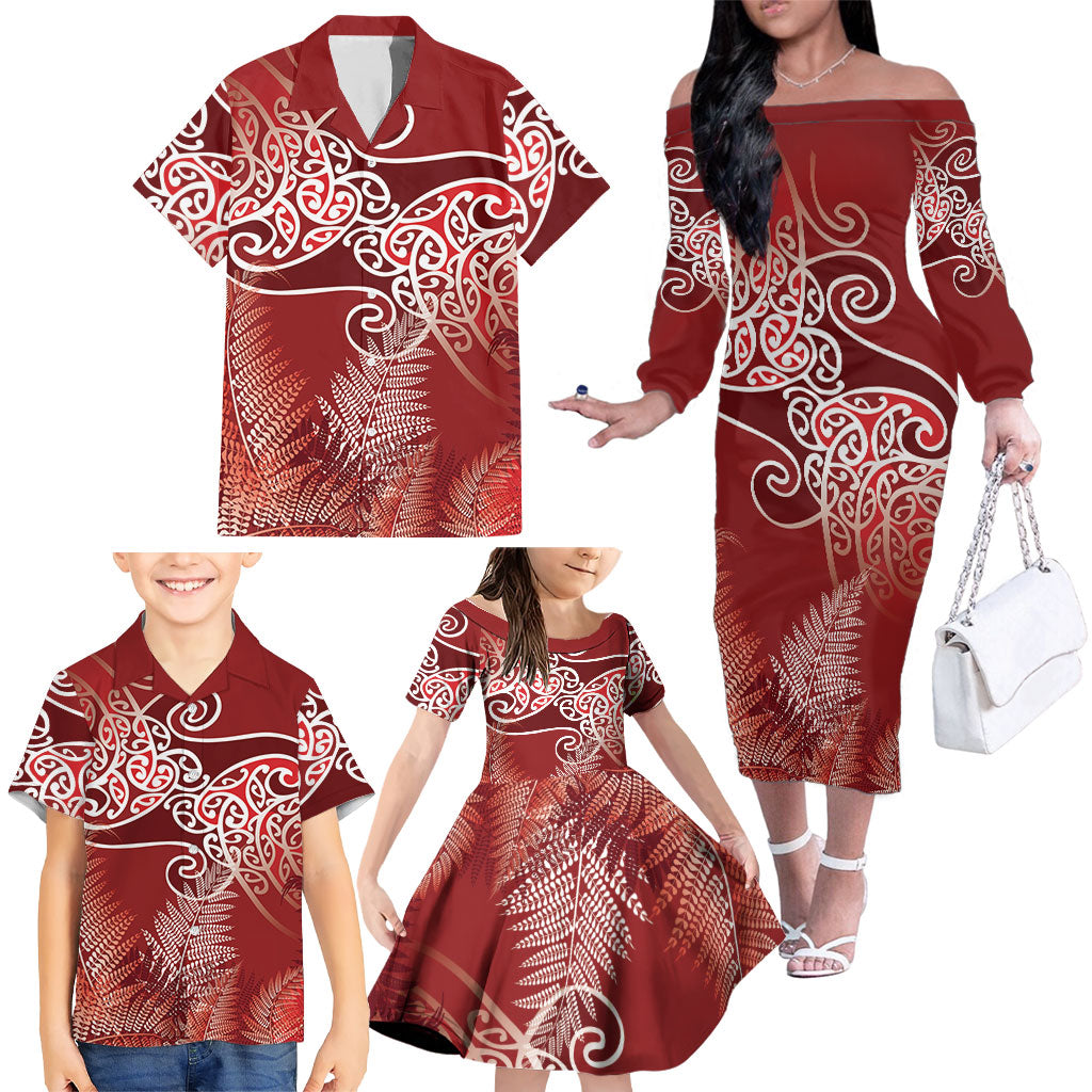 Aotearoa Maori Koru Curves Family Matching Off The Shoulder Long Sleeve Dress and Hawaiian Shirt Silver Ferns - Crimson Red LT7 - Polynesian Pride