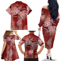 Aotearoa Maori Koru Curves Family Matching Off The Shoulder Long Sleeve Dress and Hawaiian Shirt Silver Ferns - Crimson Red