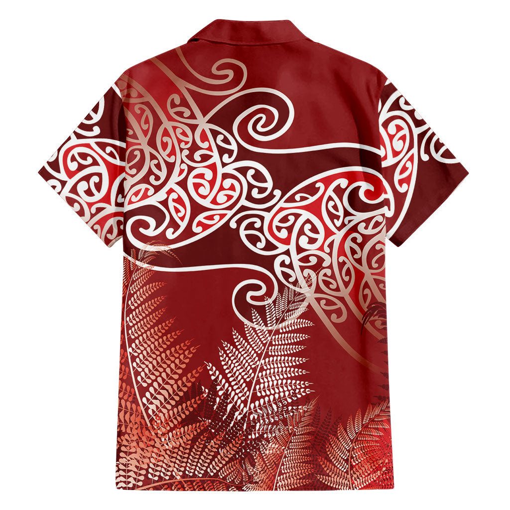 Aotearoa Maori Koru Curves Family Matching Off The Shoulder Long Sleeve Dress and Hawaiian Shirt Silver Ferns - Crimson Red