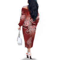 Aotearoa Maori Koru Curves Family Matching Off The Shoulder Long Sleeve Dress and Hawaiian Shirt Silver Ferns - Crimson Red