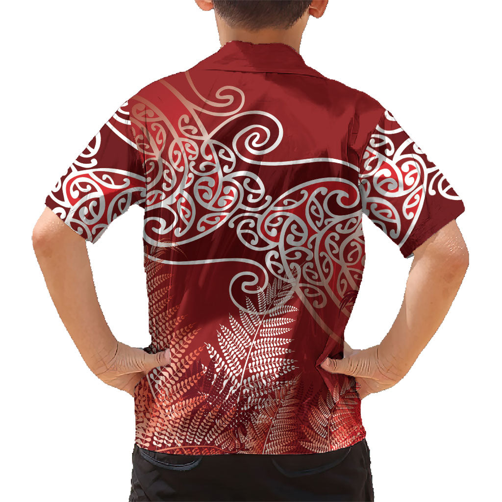 Aotearoa Maori Koru Curves Family Matching Off Shoulder Maxi Dress and Hawaiian Shirt Silver Ferns - Crimson Red