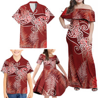 Aotearoa Maori Koru Curves Family Matching Off Shoulder Maxi Dress and Hawaiian Shirt Silver Ferns - Crimson Red