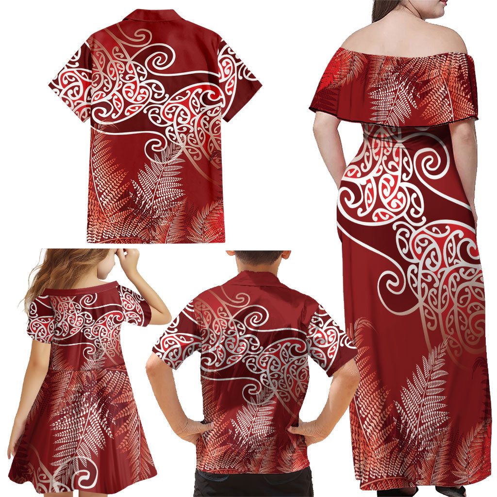 Aotearoa Maori Koru Curves Family Matching Off Shoulder Maxi Dress and Hawaiian Shirt Silver Ferns - Crimson Red