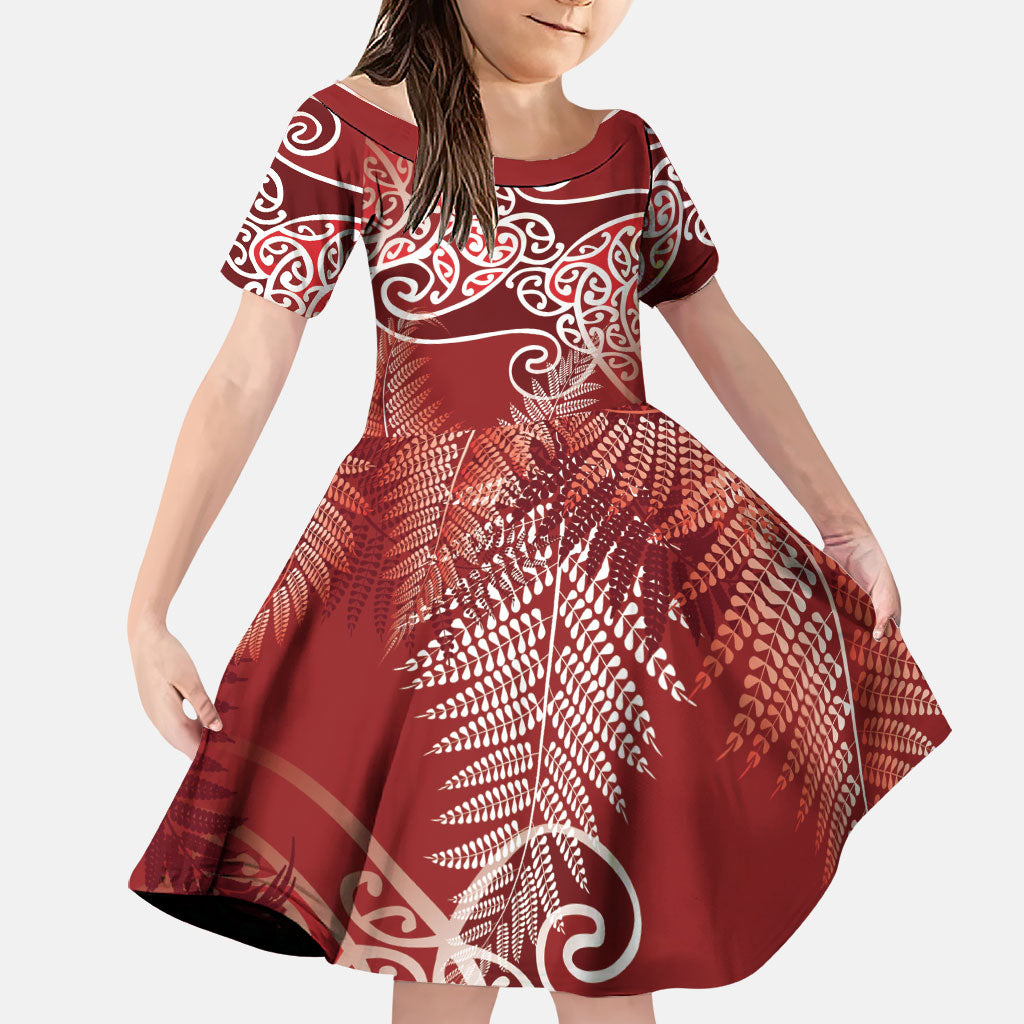Aotearoa Maori Koru Curves Family Matching Short Sleeve Bodycon Dress and Hawaiian Shirt Silver Ferns - Crimson Red