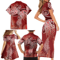 Aotearoa Maori Koru Curves Family Matching Short Sleeve Bodycon Dress and Hawaiian Shirt Silver Ferns - Crimson Red
