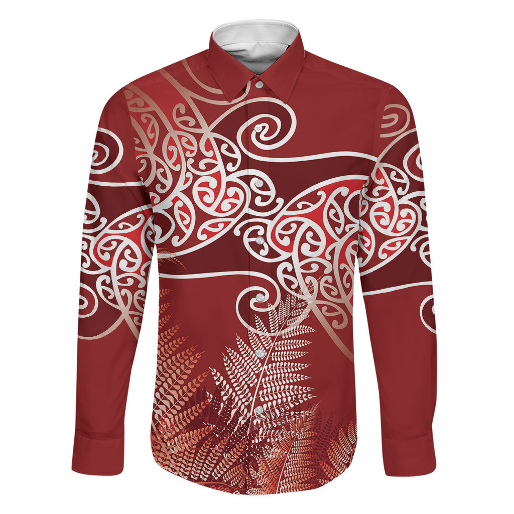 Aotearoa Maori Koru Curves Family Matching Short Sleeve Bodycon Dress and Hawaiian Shirt Silver Ferns - Crimson Red