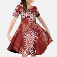 Aotearoa Maori Koru Curves Family Matching Summer Maxi Dress and Hawaiian Shirt Silver Ferns - Crimson Red