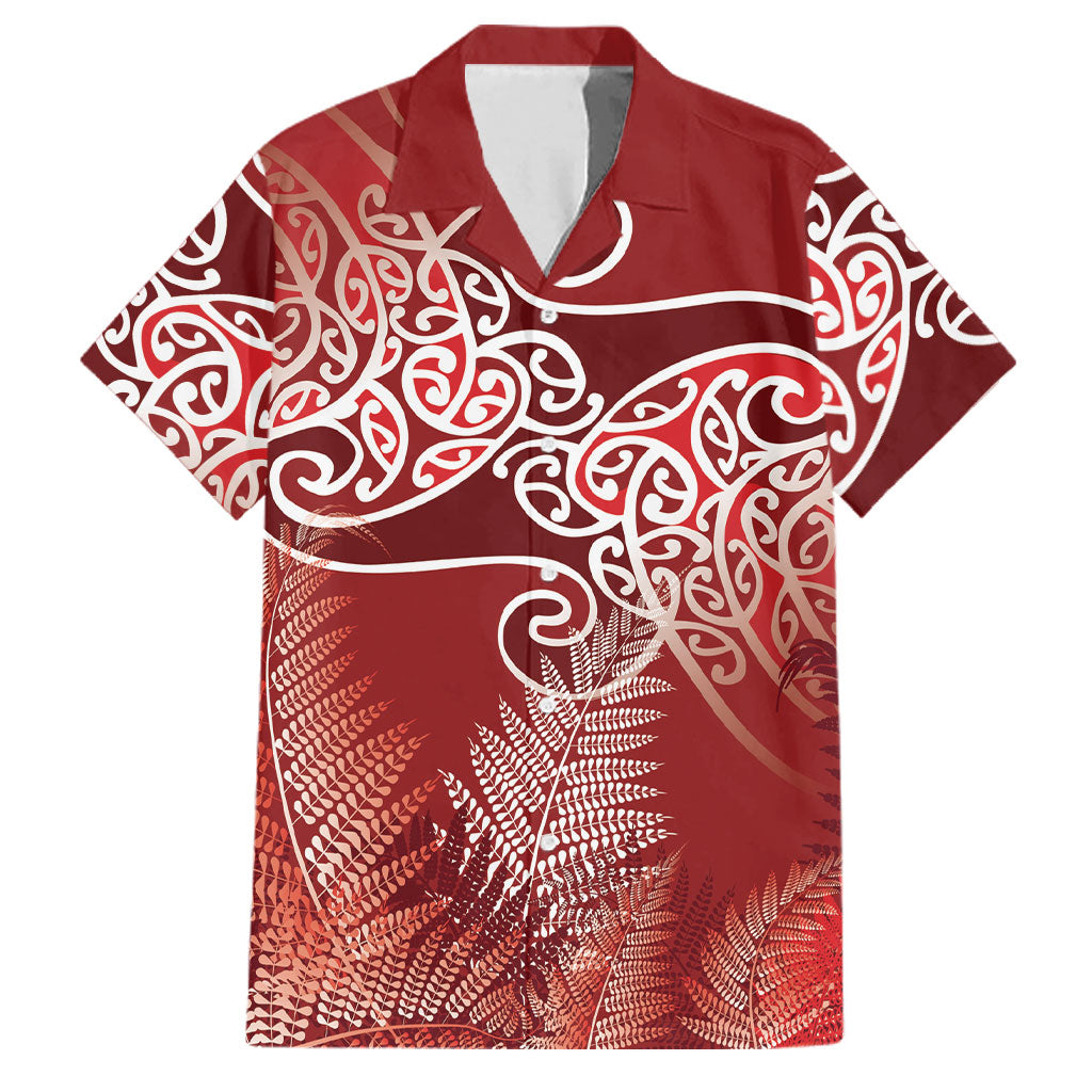Aotearoa Maori Koru Curves Family Matching Summer Maxi Dress and Hawaiian Shirt Silver Ferns - Crimson Red
