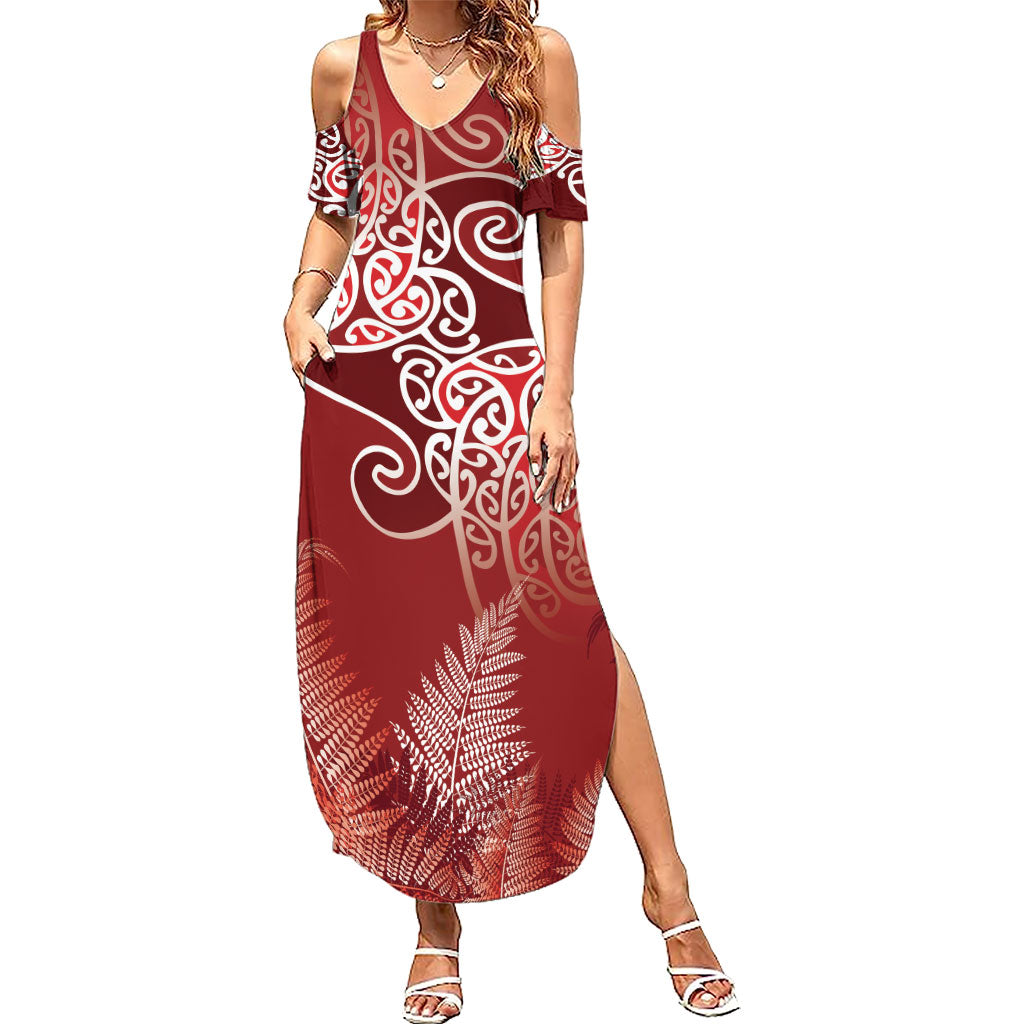 Aotearoa Maori Koru Curves Family Matching Summer Maxi Dress and Hawaiian Shirt Silver Ferns - Crimson Red