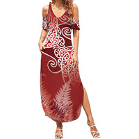 Aotearoa Maori Koru Curves Family Matching Summer Maxi Dress and Hawaiian Shirt Silver Ferns - Crimson Red