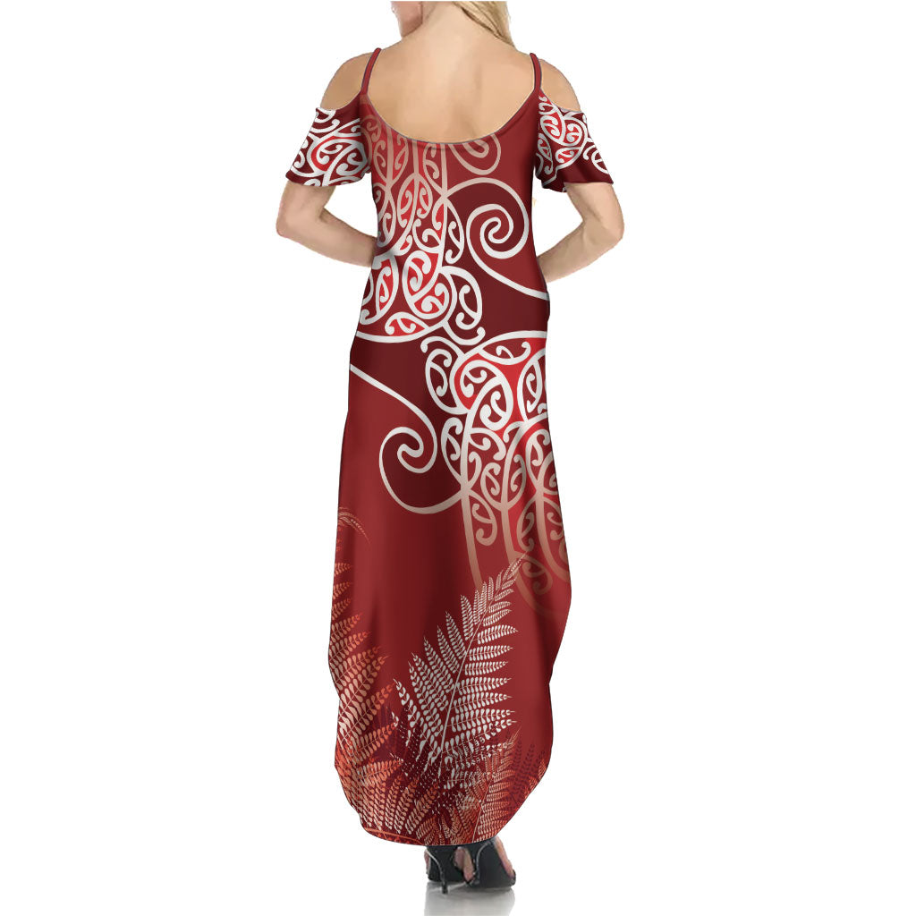 Aotearoa Maori Koru Curves Family Matching Summer Maxi Dress and Hawaiian Shirt Silver Ferns - Crimson Red