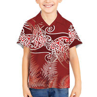 Aotearoa Maori Koru Curves Family Matching Summer Maxi Dress and Hawaiian Shirt Silver Ferns - Crimson Red