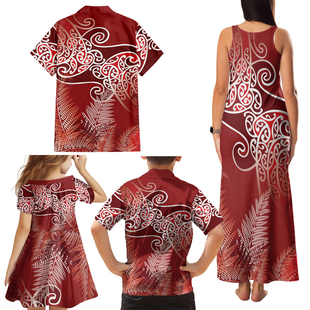Aotearoa Maori Koru Curves Family Matching Tank Maxi Dress and Hawaiian Shirt Silver Ferns - Crimson Red