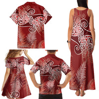 Aotearoa Maori Koru Curves Family Matching Tank Maxi Dress and Hawaiian Shirt Silver Ferns - Crimson Red