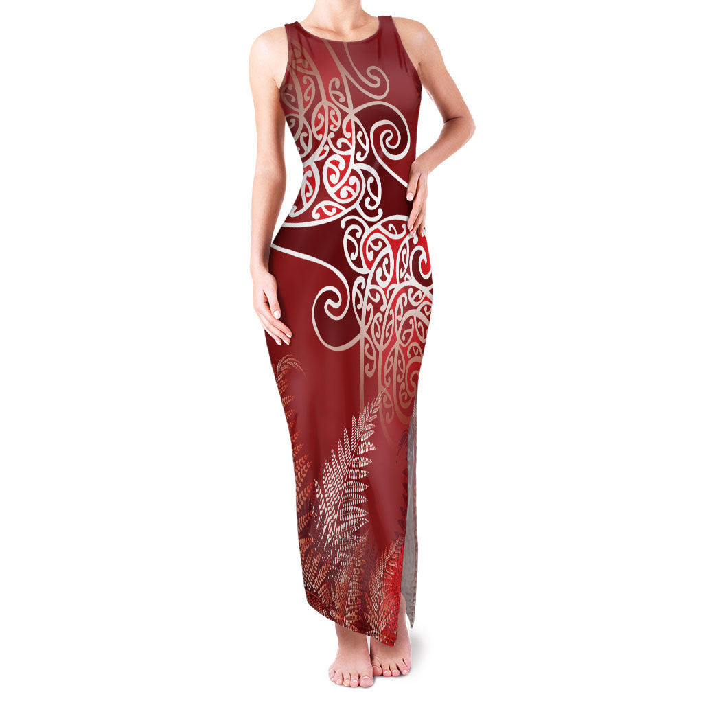Aotearoa Maori Koru Curves Family Matching Tank Maxi Dress and Hawaiian Shirt Silver Ferns - Crimson Red