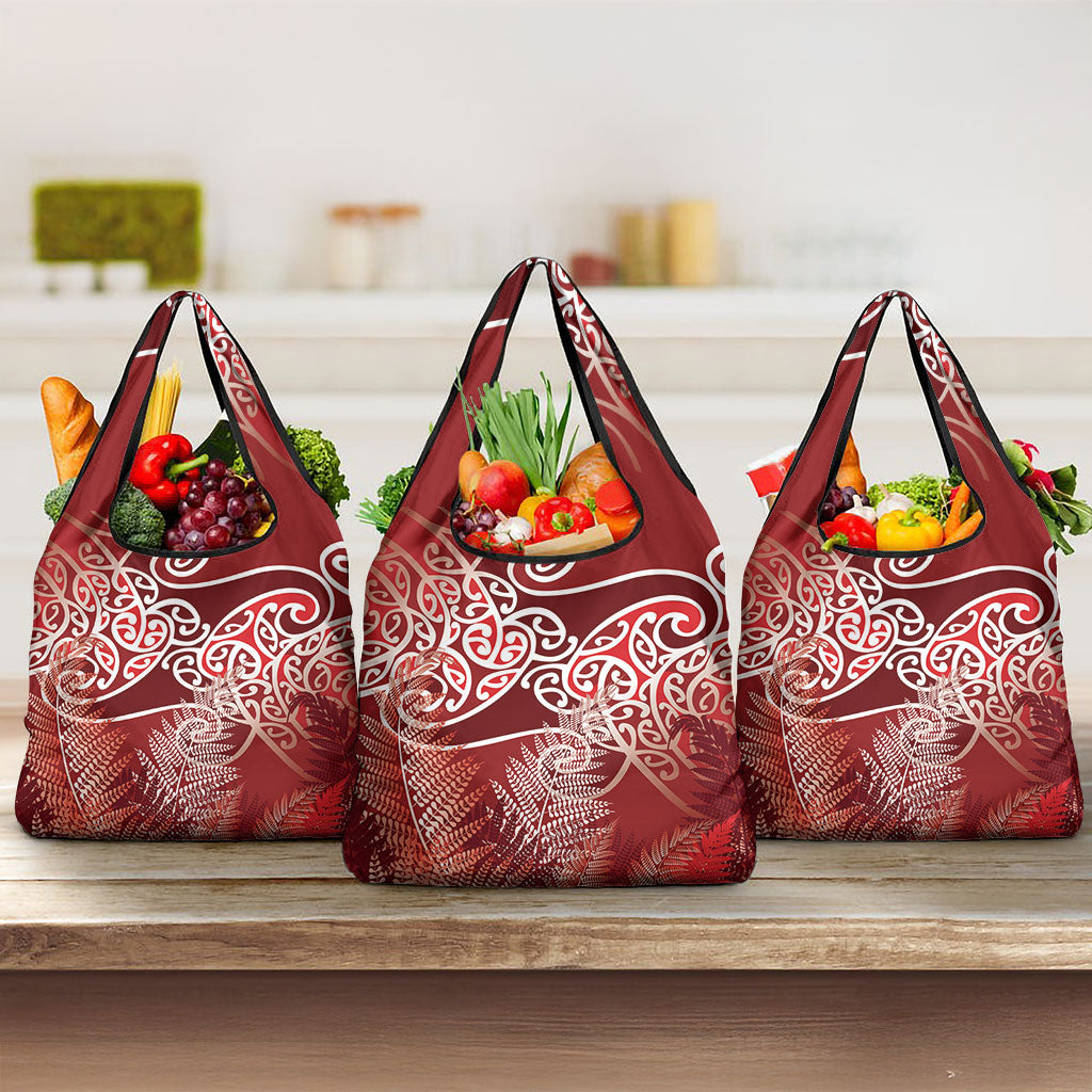 Aotearoa Maori Koru Curves Grocery Bag Silver Ferns - Crimson Red LT7 3-pack One Size Red - Polynesian Pride
