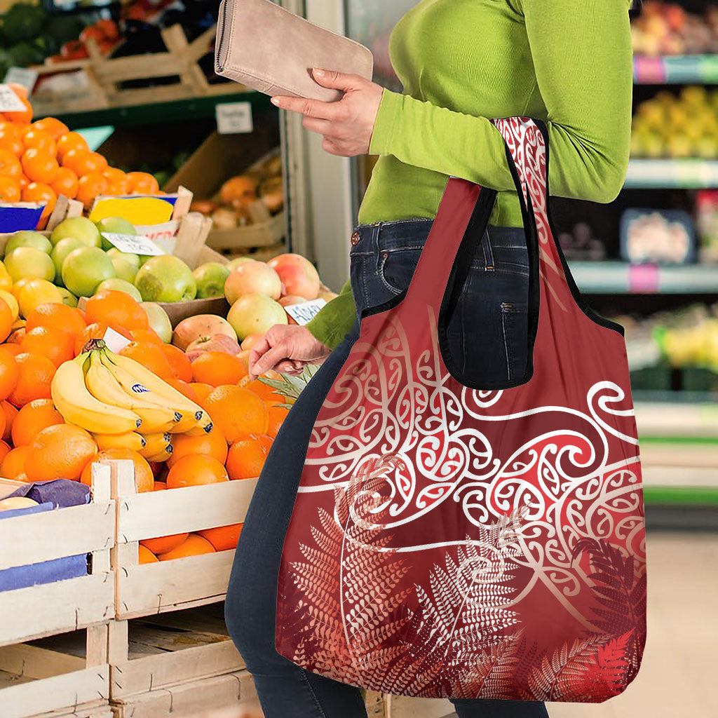 Aotearoa Maori Koru Curves Grocery Bag Silver Ferns - Crimson Red LT7 - Polynesian Pride