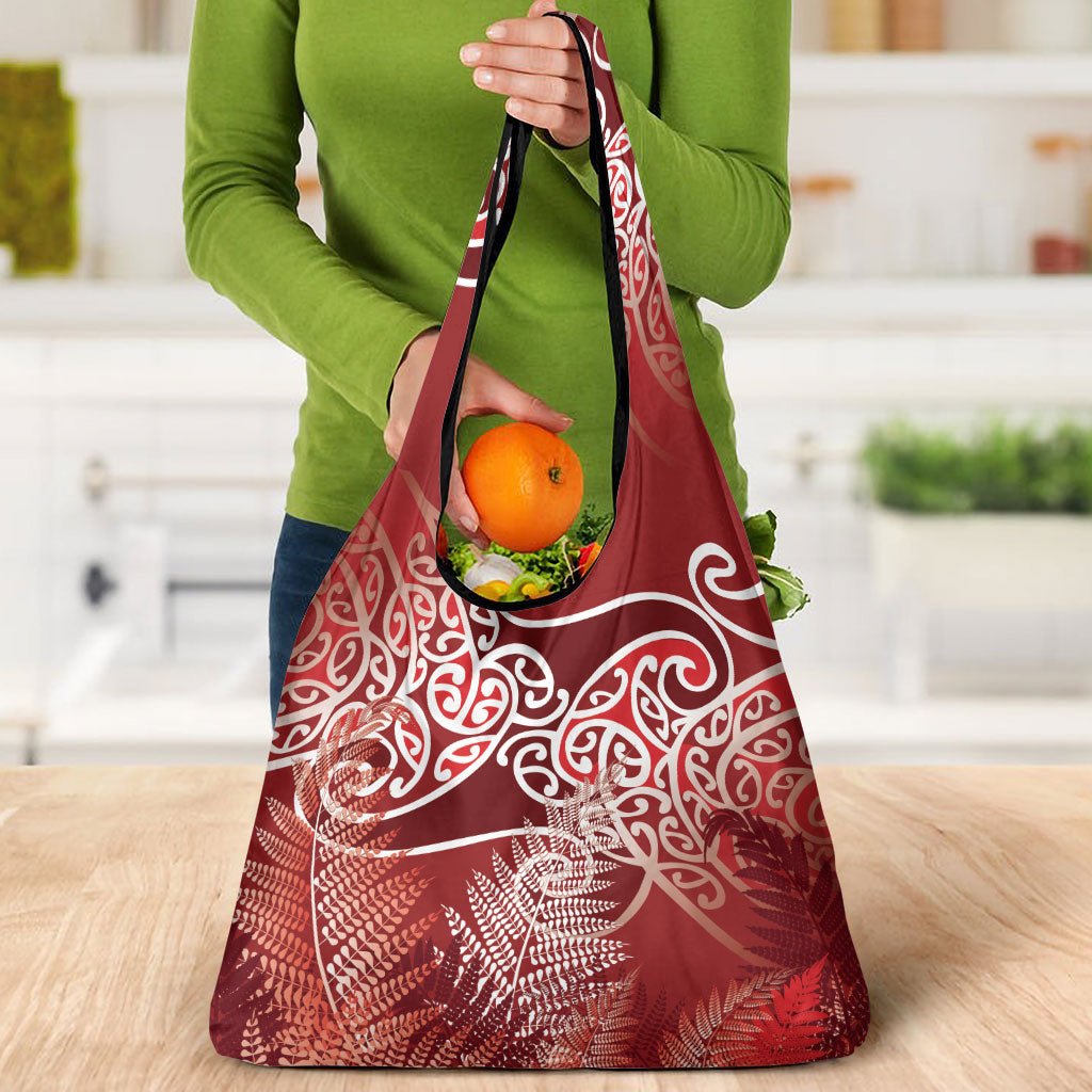Aotearoa Maori Koru Curves Grocery Bag Silver Ferns - Crimson Red LT7 - Polynesian Pride