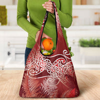 Aotearoa Maori Koru Curves Grocery Bag Silver Ferns - Crimson Red LT7 - Polynesian Pride