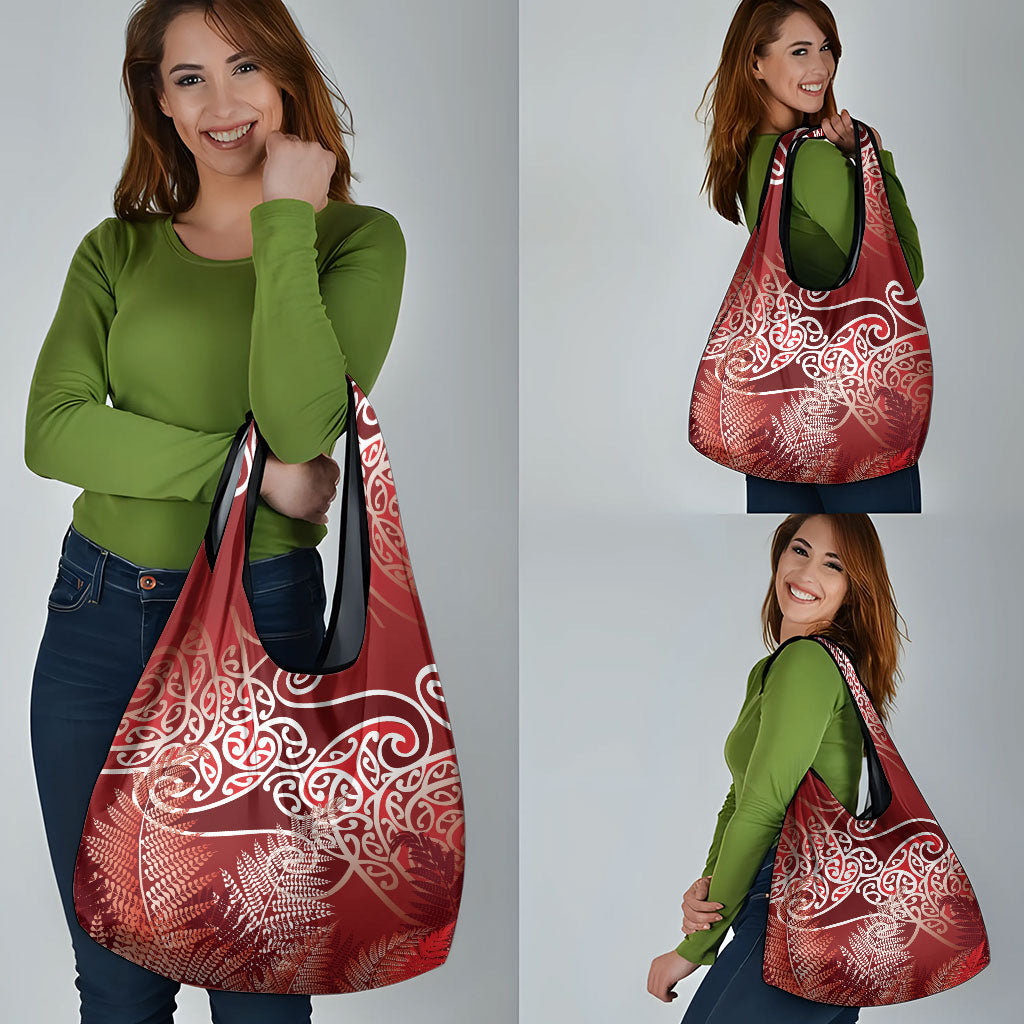 Aotearoa Maori Koru Curves Grocery Bag Silver Ferns - Crimson Red LT7 - Polynesian Pride