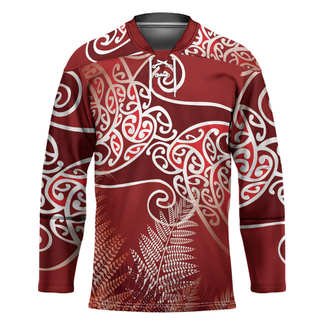 Aotearoa Maori Koru Curves Hockey Jersey Silver Ferns - Crimson Red