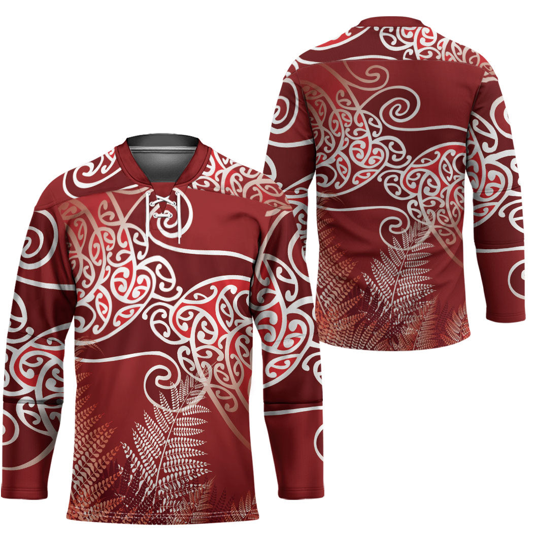 Aotearoa Maori Koru Curves Hockey Jersey Silver Ferns - Crimson Red