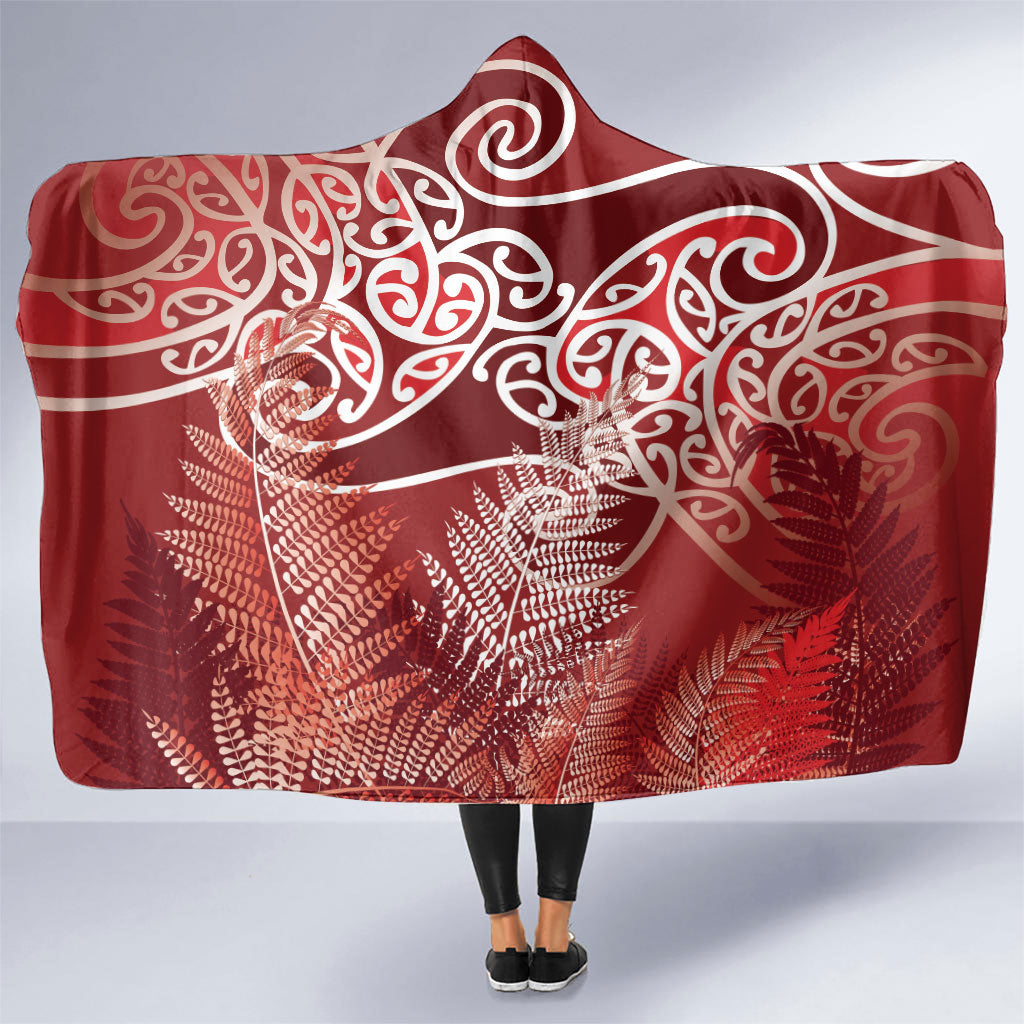 Aotearoa Maori Koru Curves Hooded Blanket Silver Ferns - Crimson Red LT7 One Size Red - Polynesian Pride