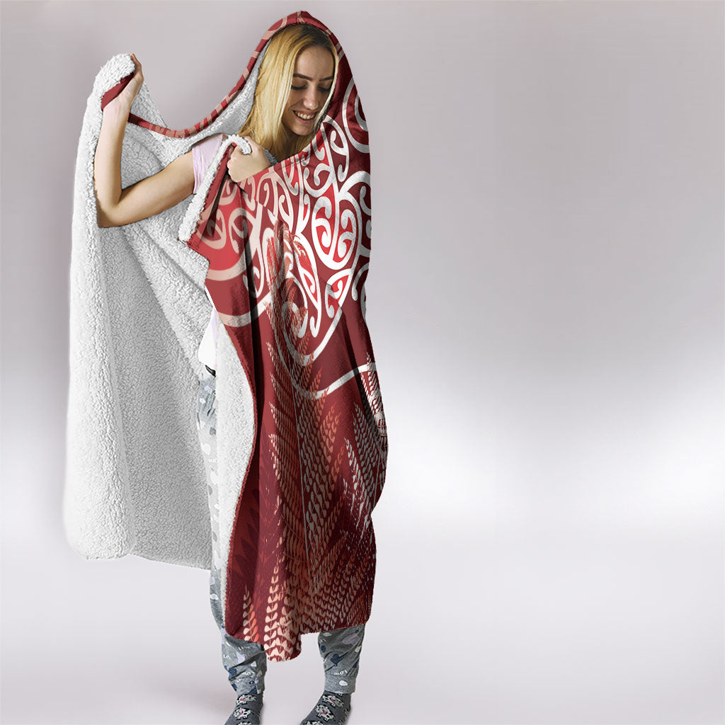 Aotearoa Maori Koru Curves Hooded Blanket Silver Ferns - Crimson Red LT7 - Polynesian Pride