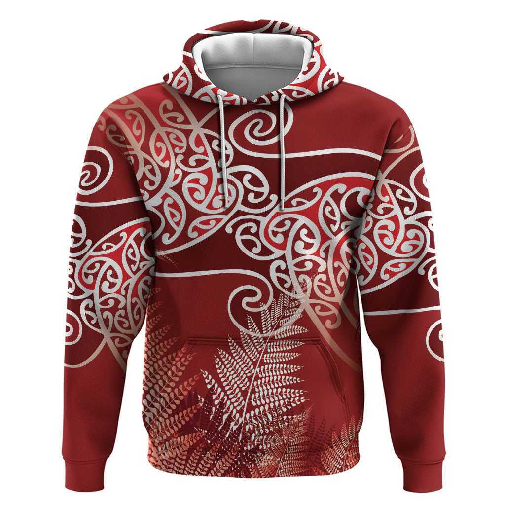 Aotearoa Maori Koru Curves Hoodie Silver Ferns - Crimson Red LT7 Pullover Hoodie Red - Polynesian Pride