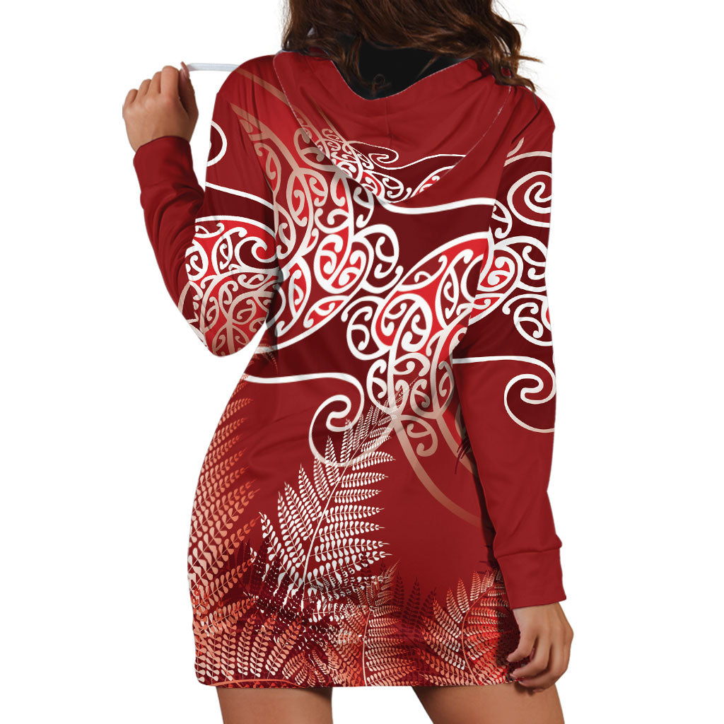 Aotearoa Maori Koru Curves Hoodie Dress Silver Ferns - Crimson Red LT7 - Polynesian Pride