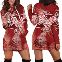 Aotearoa Maori Koru Curves Hoodie Dress Silver Ferns - Crimson Red LT7 - Polynesian Pride