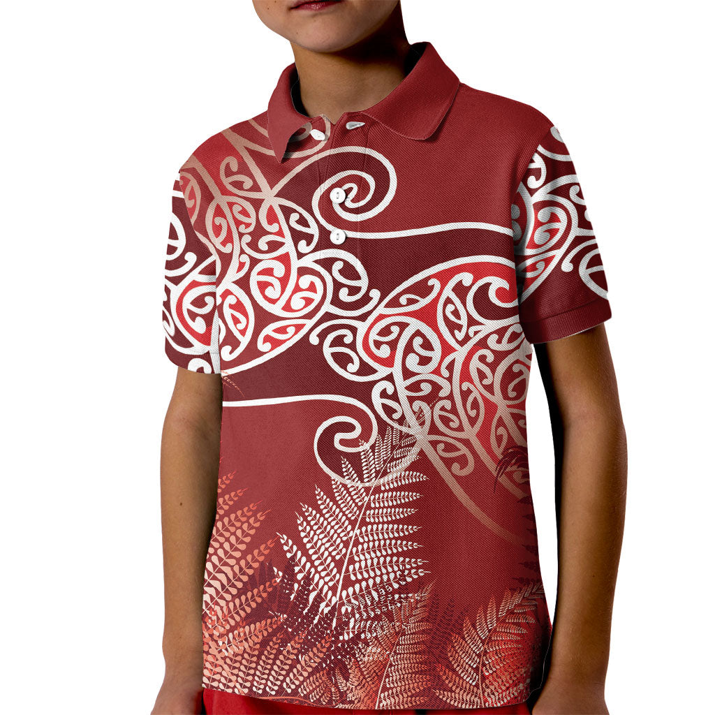 Aotearoa Maori Koru Curves Kid Polo Shirt Silver Ferns - Crimson Red LT7 Kid Red - Polynesian Pride