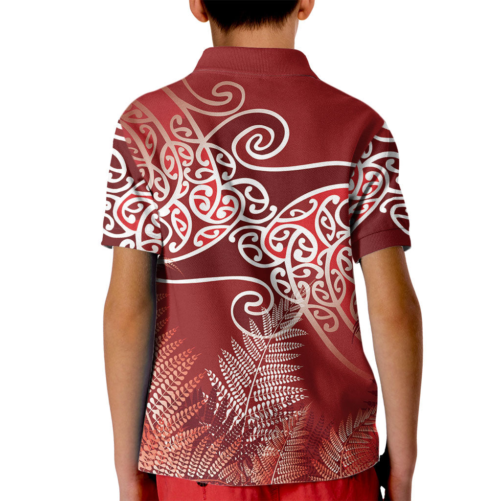 Aotearoa Maori Koru Curves Kid Polo Shirt Silver Ferns - Crimson Red LT7 - Polynesian Pride