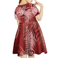 Aotearoa Maori Koru Curves Kid Short Sleeve Dress Silver Ferns - Crimson Red LT7 - Polynesian Pride