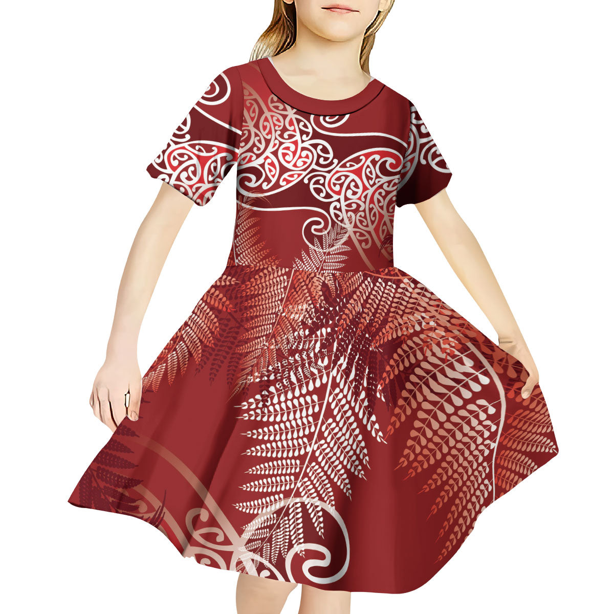 Aotearoa Maori Koru Curves Kid Short Sleeve Dress Silver Ferns - Crimson Red LT7 - Polynesian Pride