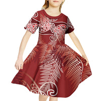 Aotearoa Maori Koru Curves Kid Short Sleeve Dress Silver Ferns - Crimson Red LT7 - Polynesian Pride