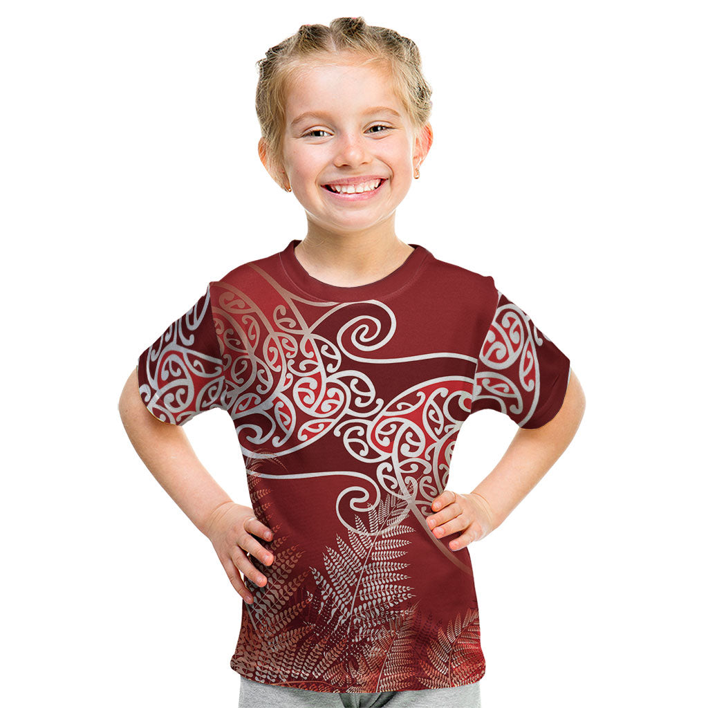 Aotearoa Maori Koru Curves Kid T Shirt Silver Ferns - Crimson Red