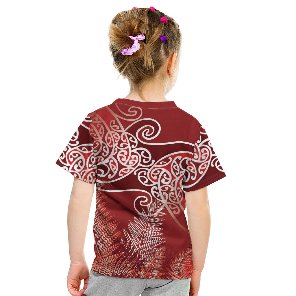 Aotearoa Maori Koru Curves Kid T Shirt Silver Ferns - Crimson Red